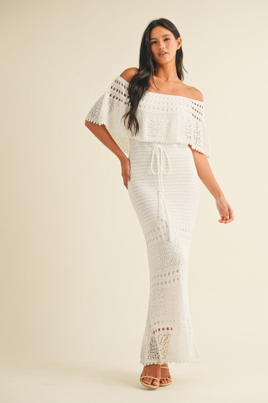 fitted lace wedding dress White Crochet Top Maxi Dress With Ruffle Hem