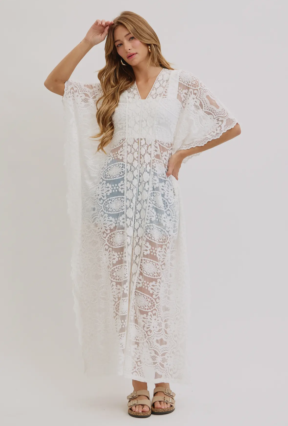 White Lace Caftan Dress or Coverup M/L