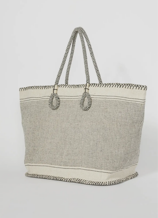 Large Black and Cream Woven Cotton Zip Up Tote Bag