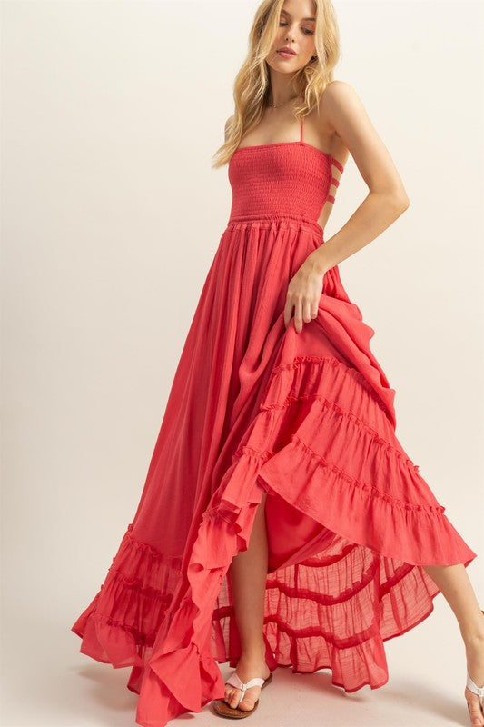 Paradise Smocked Maxi Dress-Deep Coral