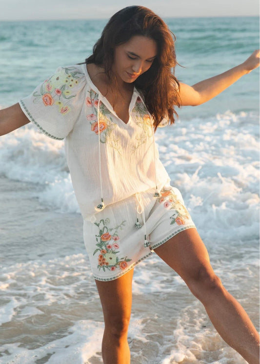 Island Time Embroidered Cotton Floral Shorts Set