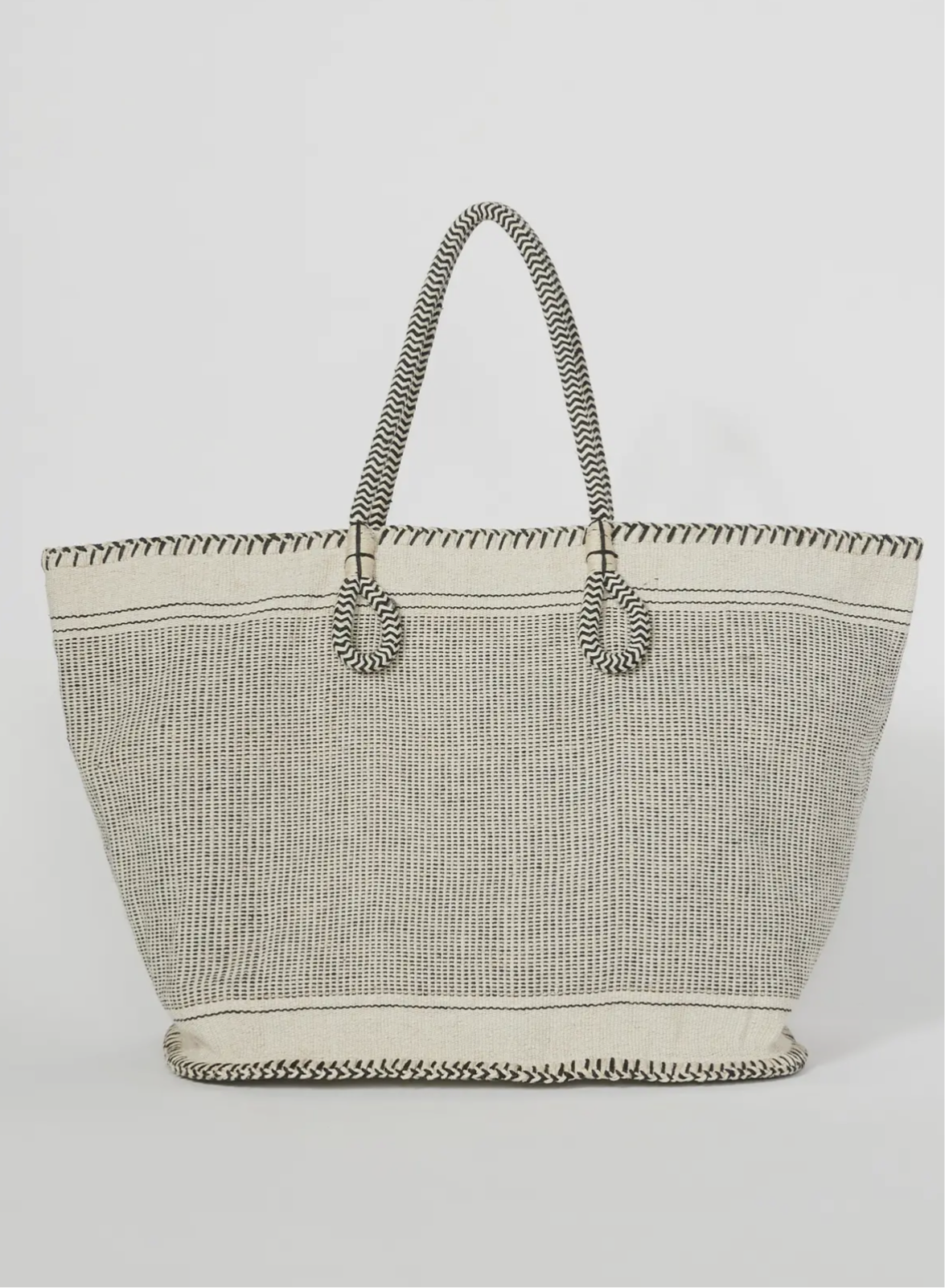 Large Black and Cream Woven Cotton Zip Up Tote Bag