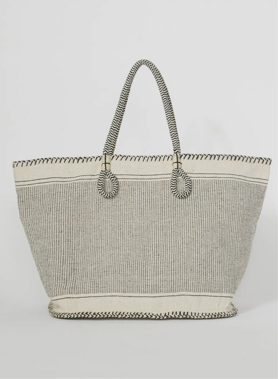 Large Black and Cream Woven Cotton Zip Up Tote Bag