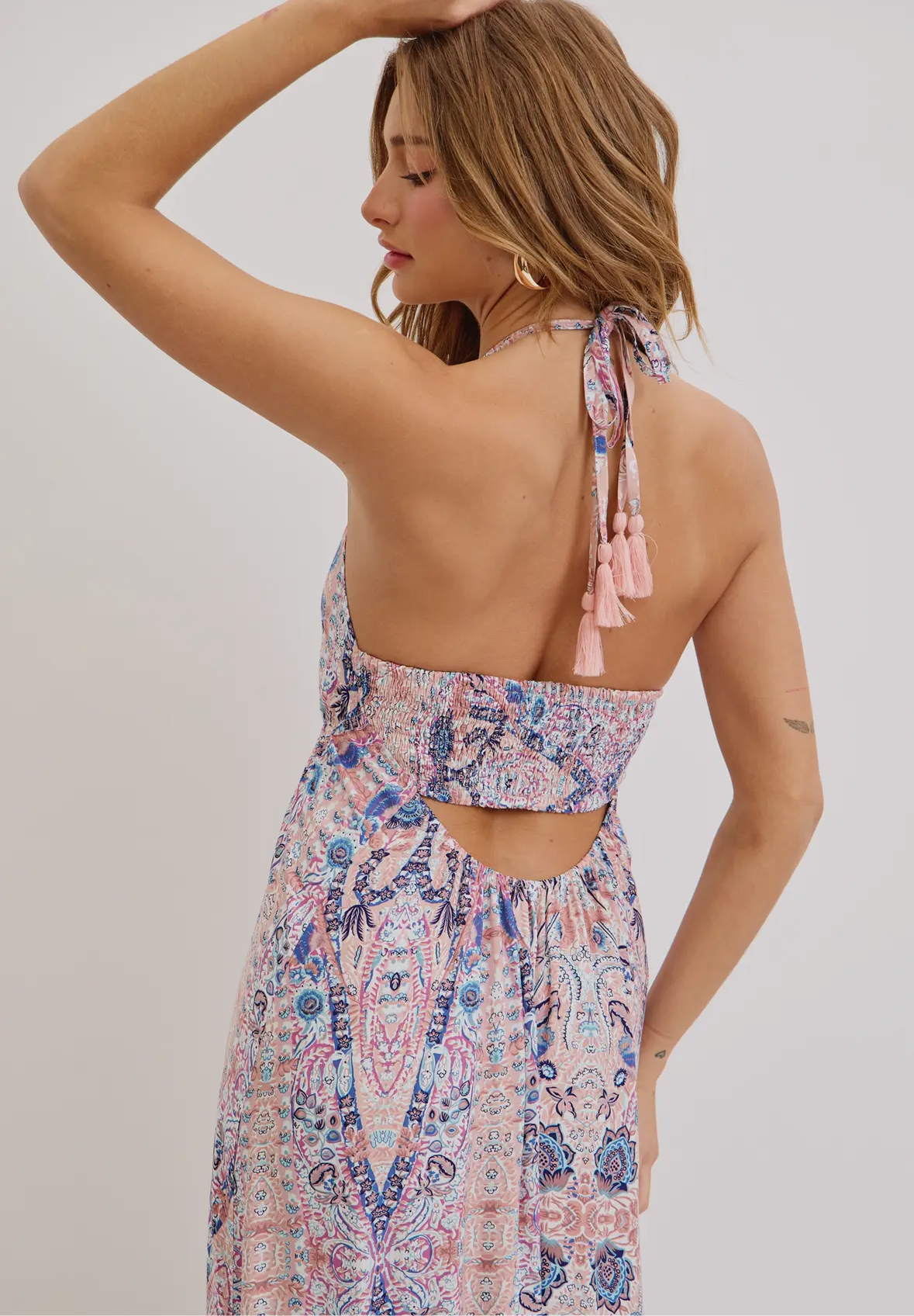 Bohemian Mauve and Blue Floral Halter Maxi Dress