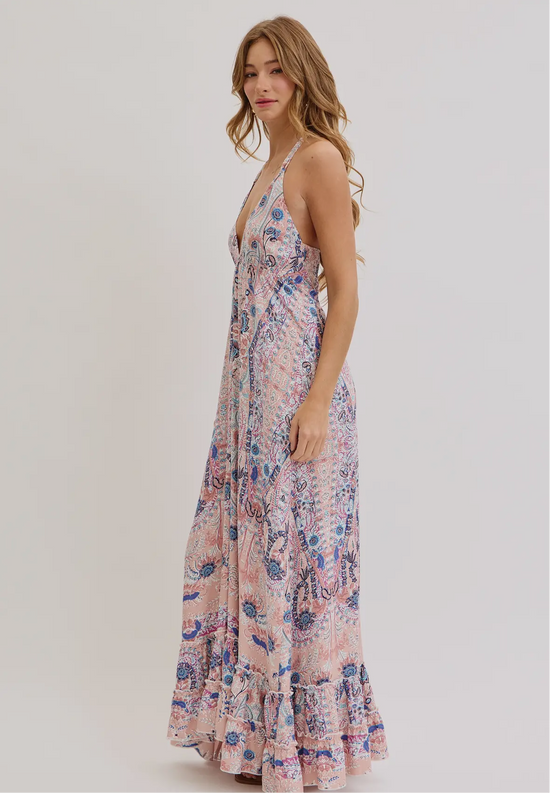Bohemian Mauve and Blue Floral Halter Maxi Dress