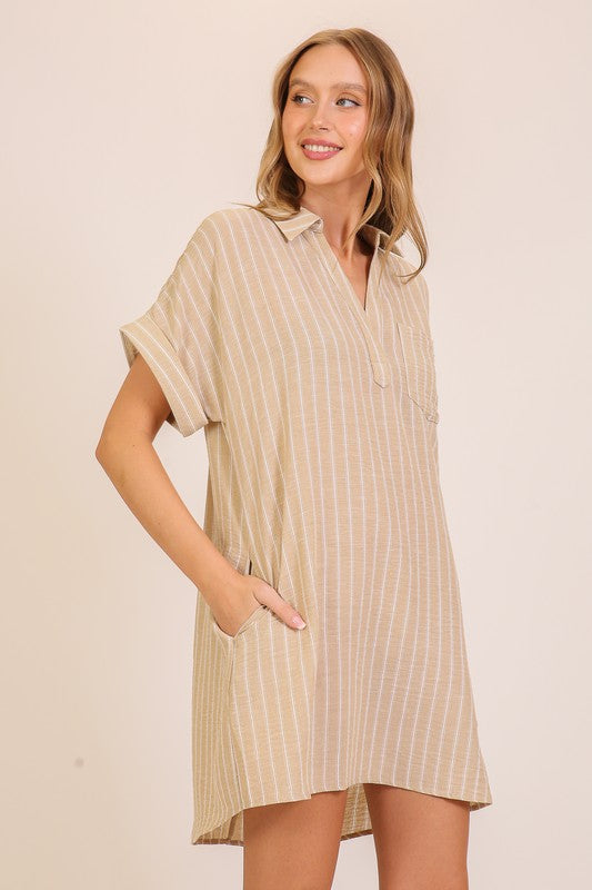 Coast to Coast Striped Short Shirt Dress-Suntan