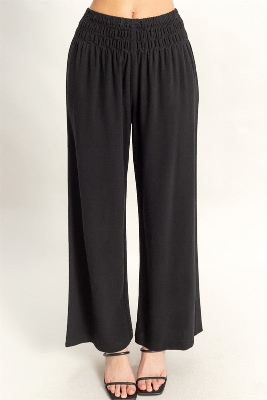 Smocked Top with Wide Leg Pants Two Piece Set-Black