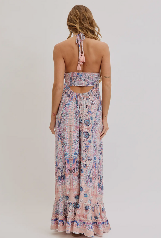 Bohemian Mauve and Blue Floral Halter Maxi Dress