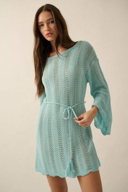 Aqua Blue Crochet Short Dress or Cover-up