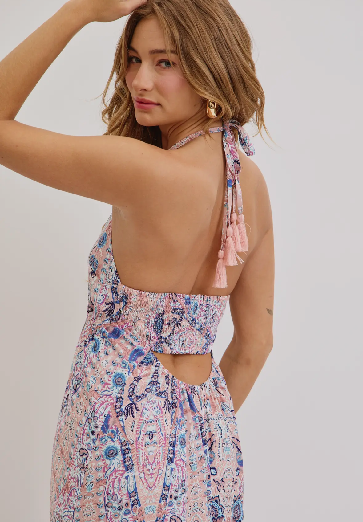 Bohemian Mauve and Blue Floral Halter Maxi Dress