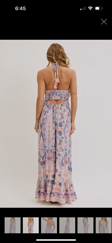 Bohemian Mauve and Blue Floral Halter Maxi Dress