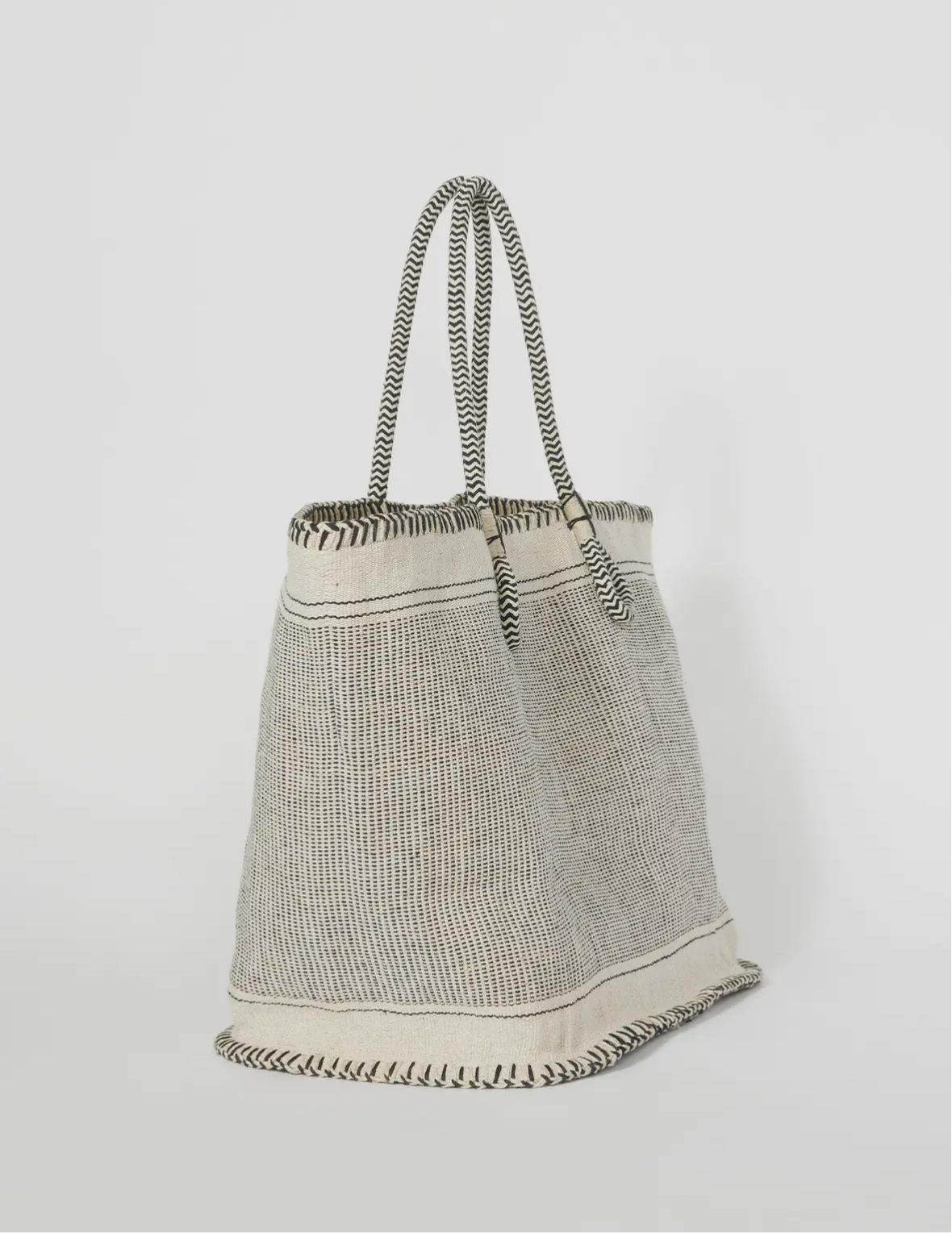 Large Black and Cream Woven Cotton Zip Up Tote Bag