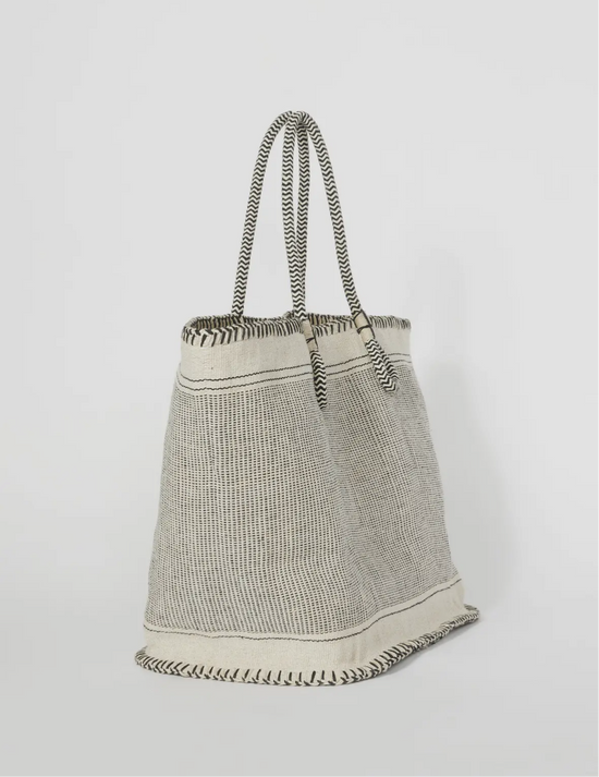 Large Black and Cream Woven Cotton Zip Up Tote Bag