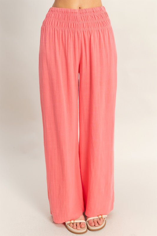 Smocked Top with Wide Leg Pants Two Piece Set-Coral