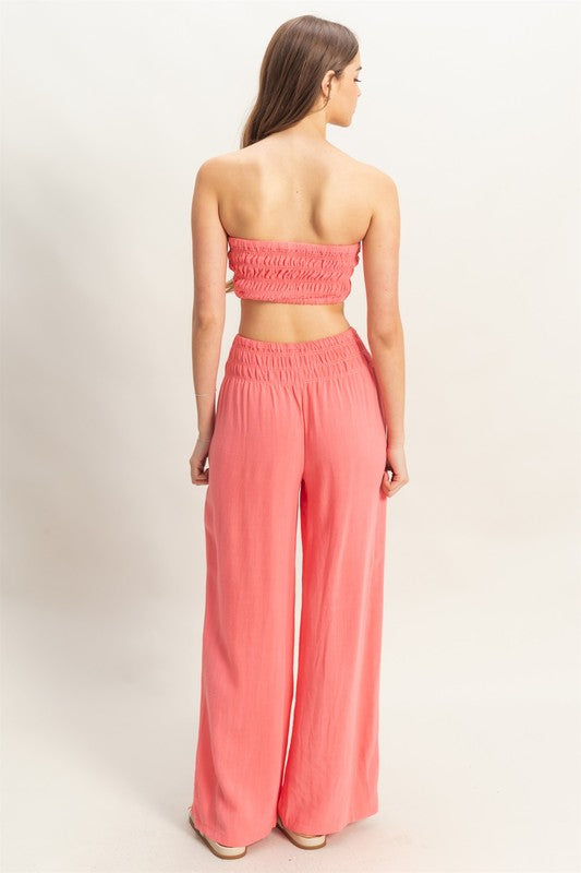Smocked Top with Wide Leg Pants Two Piece Set-Coral