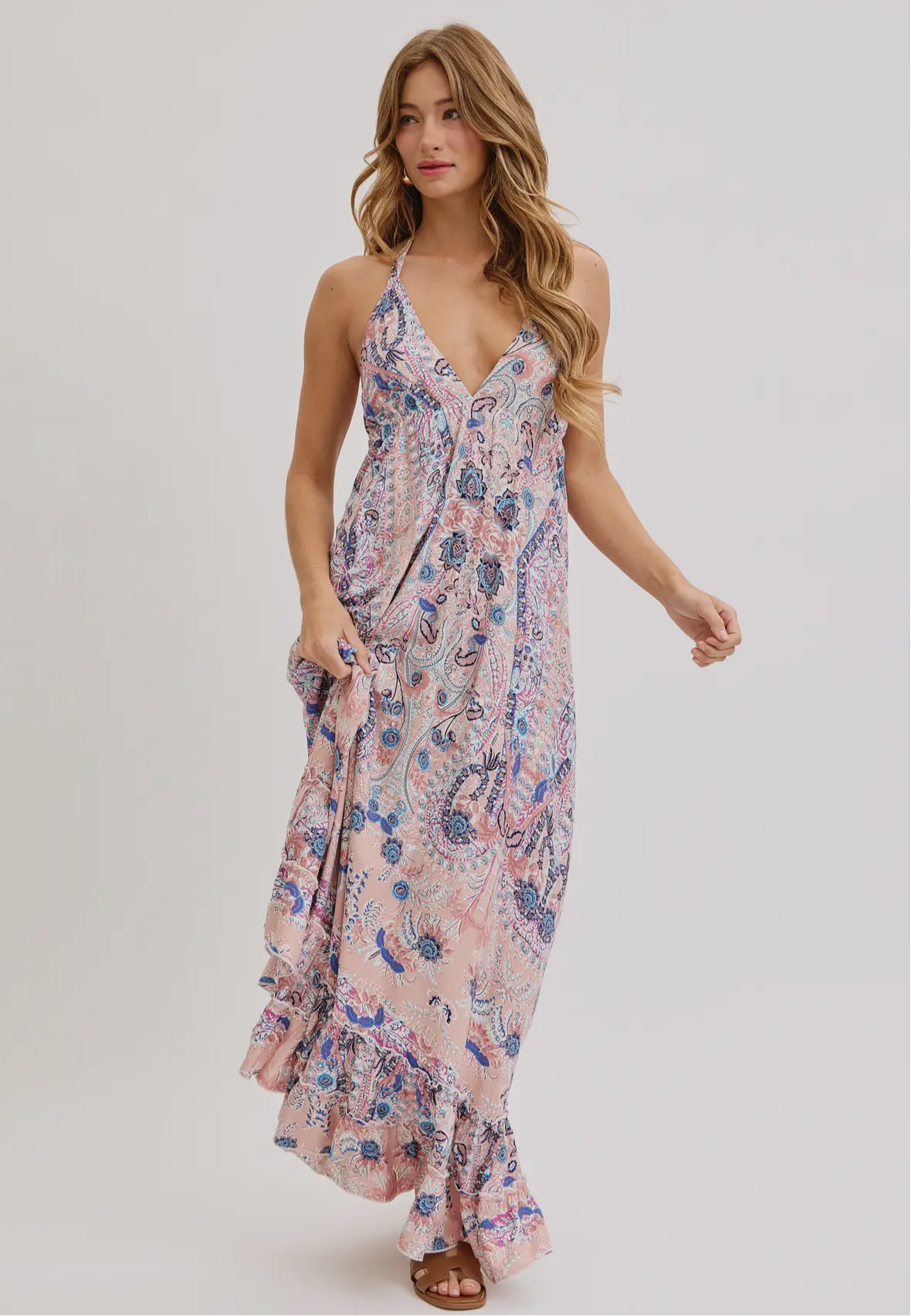 Bohemian Mauve and Blue Floral Halter Maxi Dress