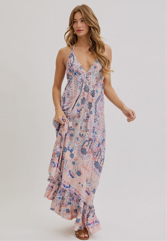 Bohemian Mauve and Blue Floral Halter Maxi Dress