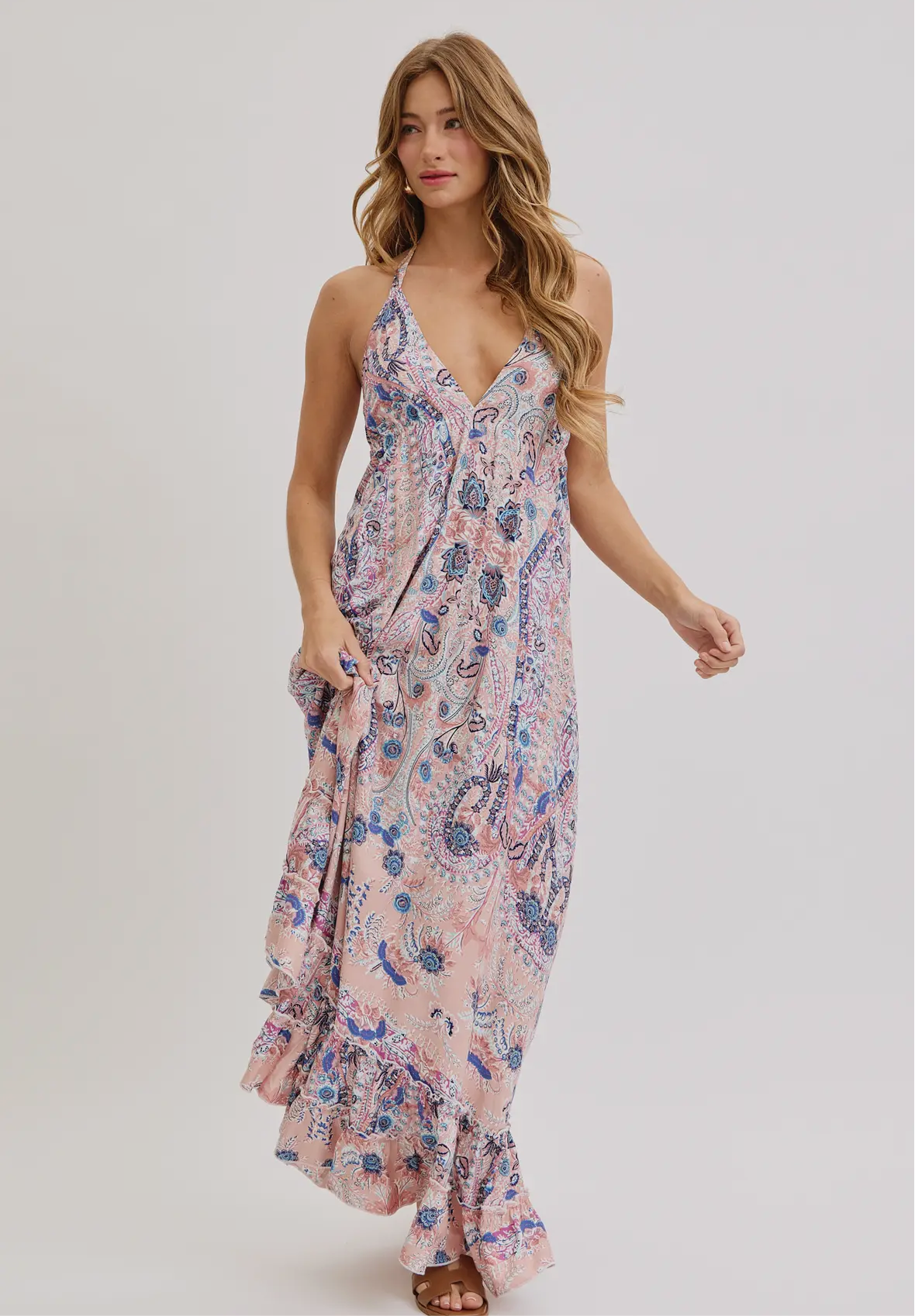 Bohemian Mauve and Blue Floral Halter Maxi Dress
