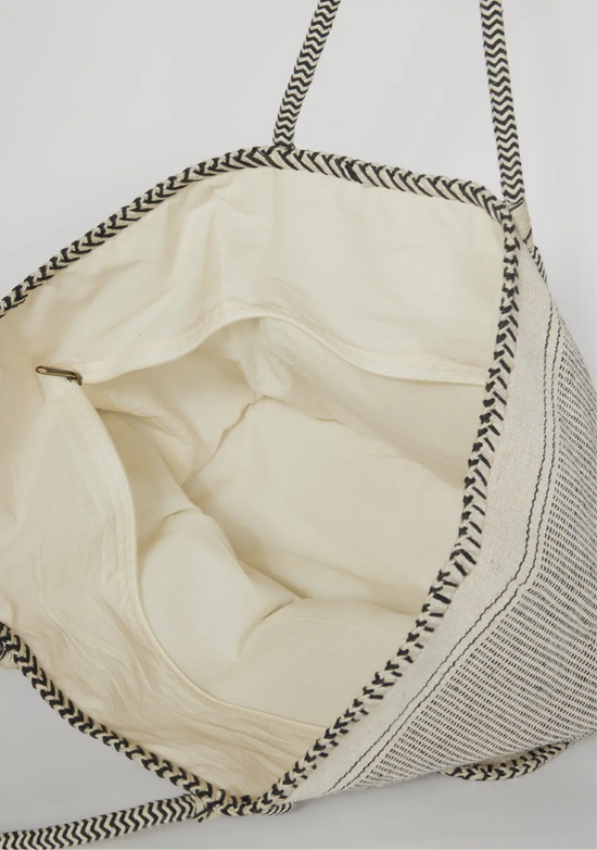 Large Black and Cream Woven Cotton Zip Up Tote Bag