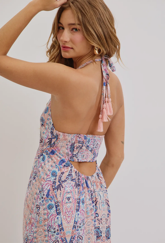 Bohemian Mauve and Blue Floral Halter Maxi Dress