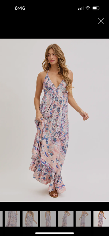 Bohemian Mauve and Blue Floral Halter Maxi Dress