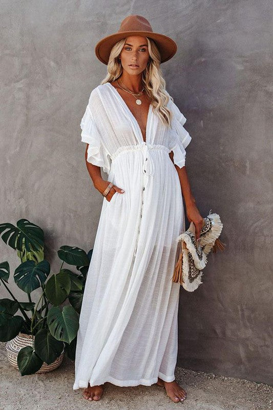 Beach Boho Maxi Dress or Cover-up-White