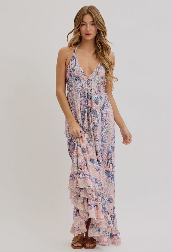 Bohemian Mauve and Blue Floral Halter Maxi Dress