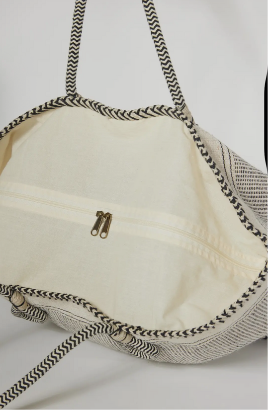 Large Black and Cream Woven Cotton Zip Up Tote Bag