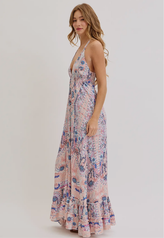 Bohemian Mauve and Blue Floral Halter Maxi Dress