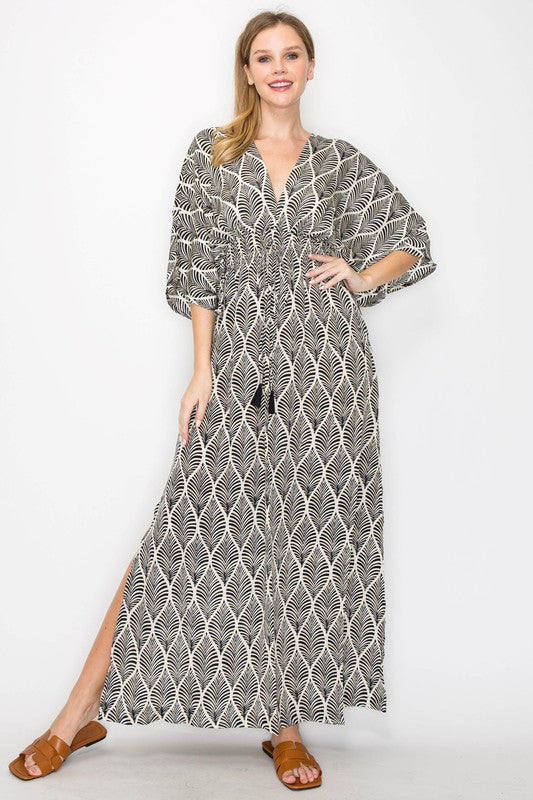 Black and White Print Tassel Caftan Maxi Dress or Cover-up