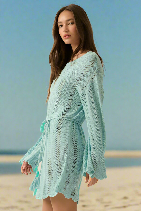 Aqua Blue Crochet Short Dress or Cover-up Small