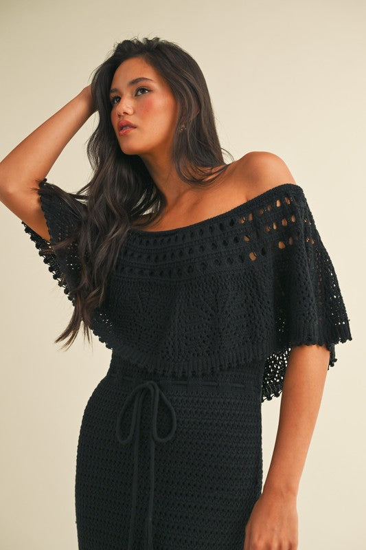 black crochet top maxi dress Short Sleeve Corset A Line Crochet Maxi Dress Black