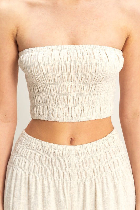 Smocked Top with Wide Leg Pants Two Piece Set-Oatmeal