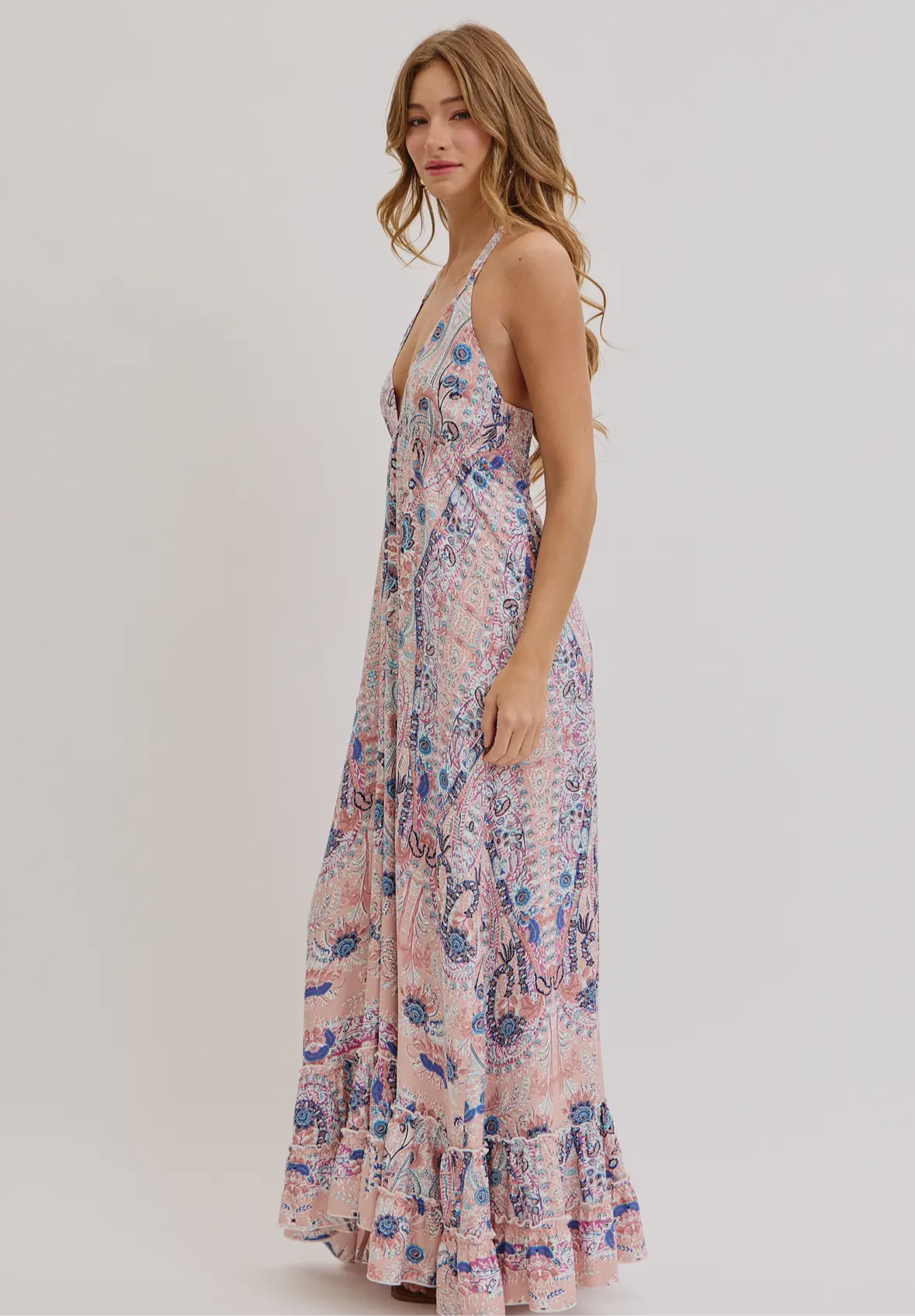 Bohemian Mauve and Blue Floral Halter Maxi Dress