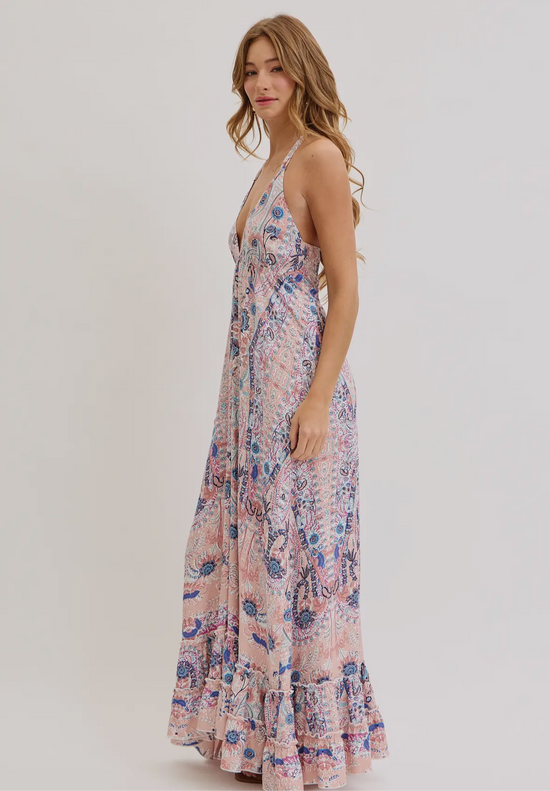 Bohemian Mauve and Blue Floral Halter Maxi Dress