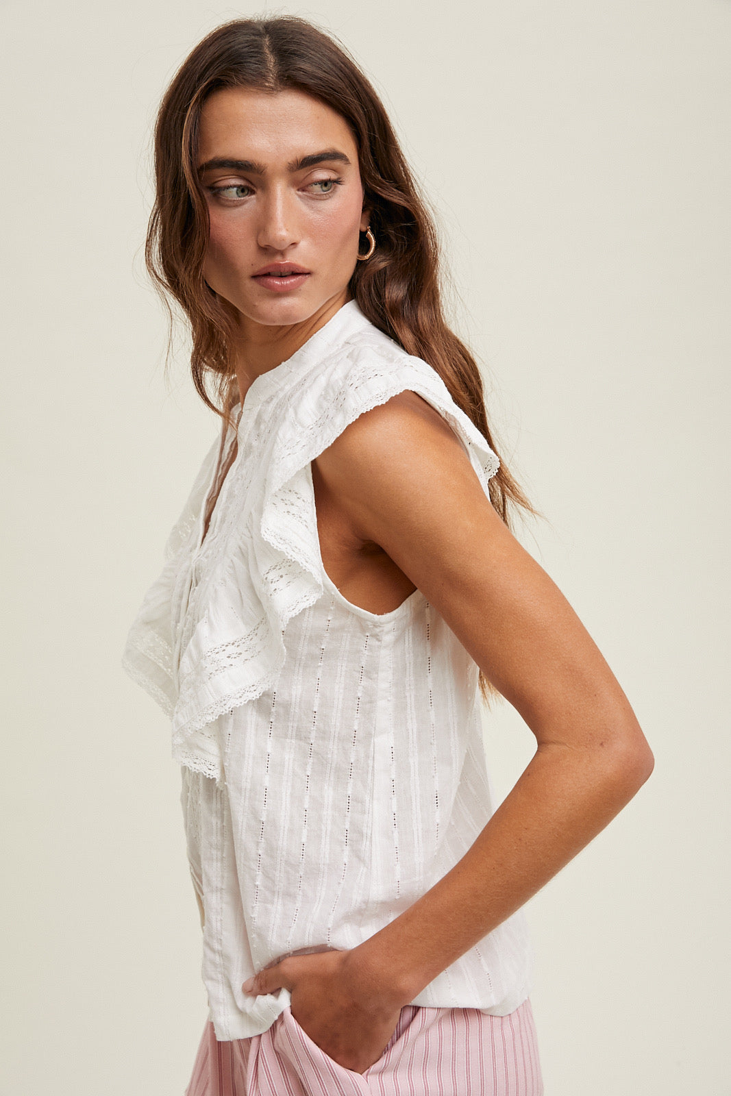 White Eyelet Ruffle Sleeve Top