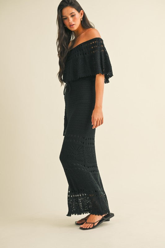 crochet black maxi dress Wide Eyed Girl Long Crochet Maxi Dress in Black Metallic