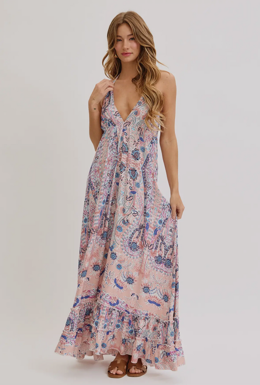 Bohemian Mauve and Blue Floral Halter Maxi Dress