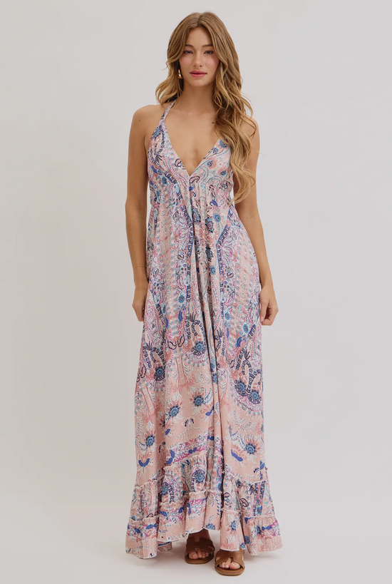 Bohemian Mauve and Blue Floral Halter Maxi Dress