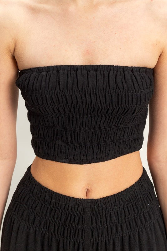 Smocked Top with Wide Leg Pants Two Piece Set-Black