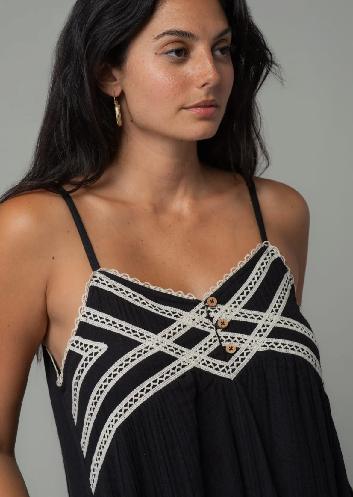 Black Gauze Maxi Dress with Crochet Lace