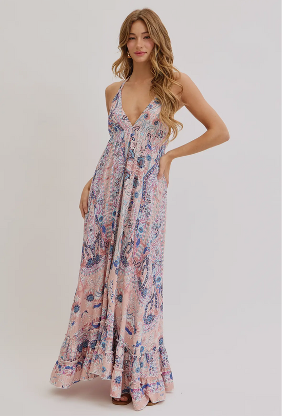 Bohemian Mauve and Blue Floral Halter Maxi Dress