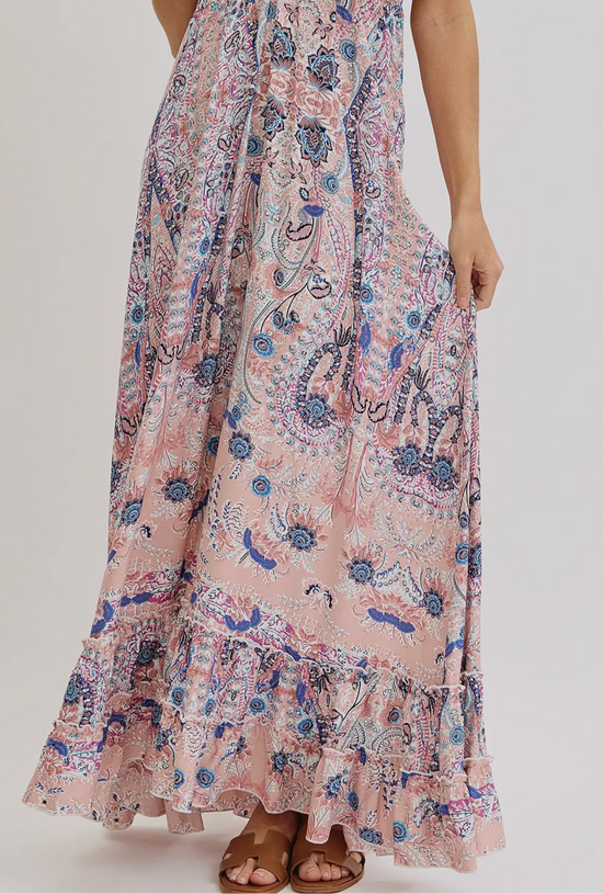 Bohemian Mauve and Blue Floral Halter Maxi Dress