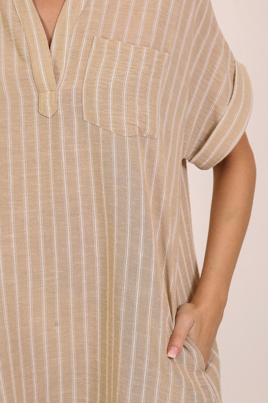 Coast to Coast Striped Short Shirt Dress-Suntan