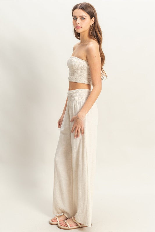 Smocked Top with Wide Leg Pants Two Piece Set-Oatmeal