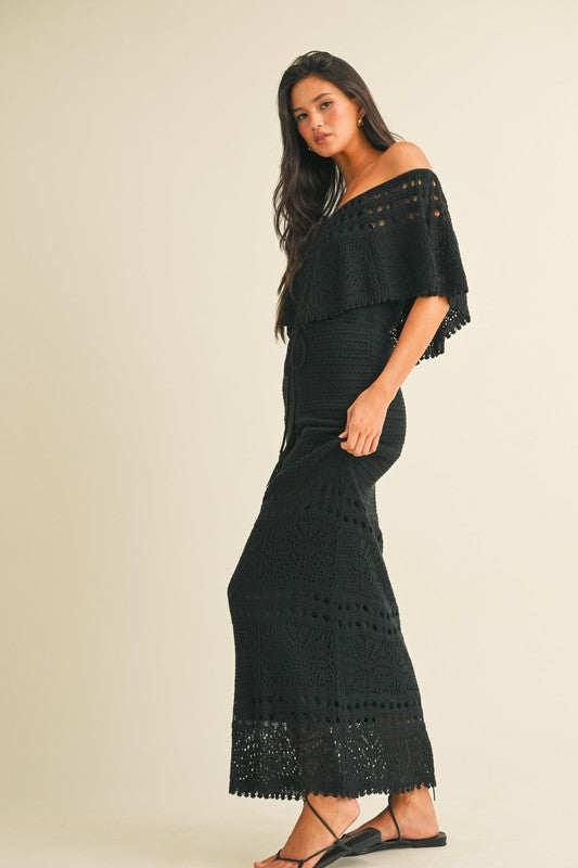 Knit Crochet Off-Shoulder Maxi Dress Small / Black Knit Crochet Off-Shoulder Maxi Dress Small / Black