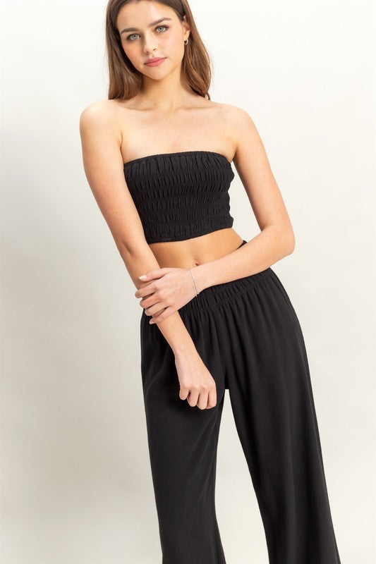 Smocked Top with Wide Leg Pants Two Piece Set-Black