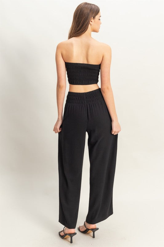 Smocked Top with Wide Leg Pants Two Piece Set-Black