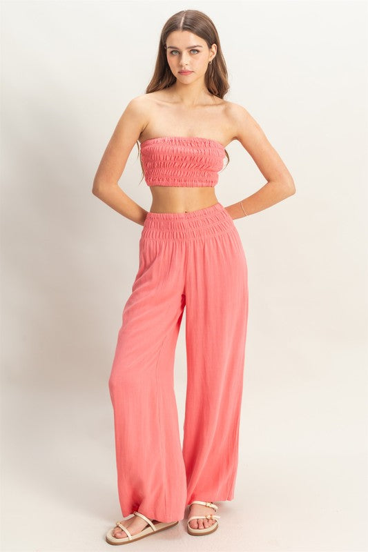 Smocked Top with Wide Leg Pants Two Piece Set-Coral