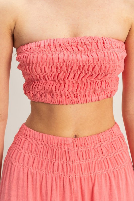 Smocked Top with Wide Leg Pants Two Piece Set-Coral